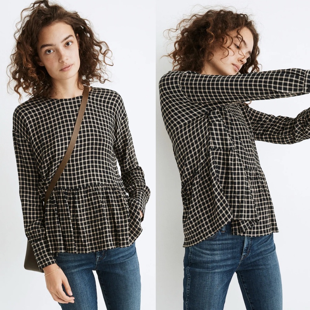 Madewell EUC Button-Back Peplum Top in Mini Windowpane Size S